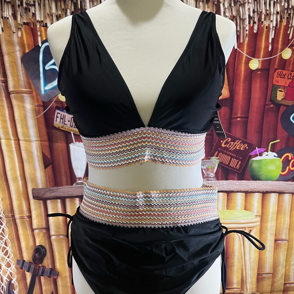 Blooming Jelly High Waist Bikini Set | XL | Black & Rainbow Smocked | NWT ,0003